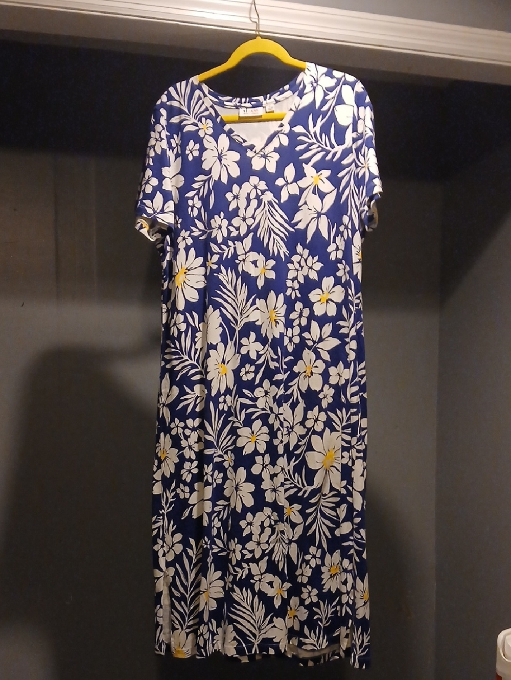 Denim&Co Blue Floral Maxi Dress with White and Yellow Accents